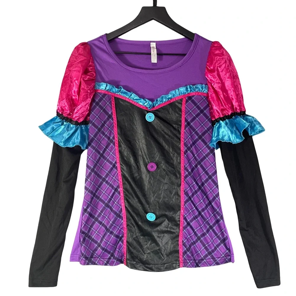 Girls Teen L 12 14 Jester Costume Top Purple Pink Black Halloween Carnival Shirt